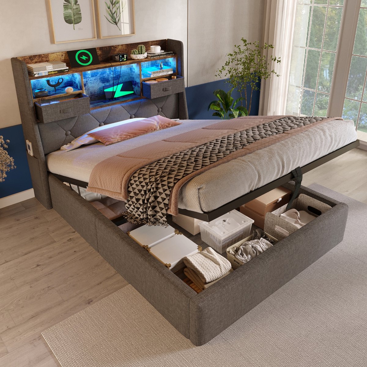 Wishdor Eenpersoonsbed 90x200 cm - Led-verlichting & opbergruimte - Retro design - Inclusief 7-zones matras - Linnen - Grijs - Retro design met moderne tech