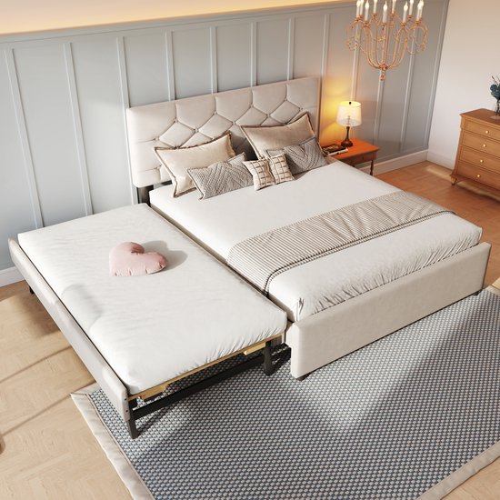 Wishdor – Gestoffeerd bed 140/180x200 cm – Uitschuifbaar rolbed & lattenbodem – Fluweel – Beige – Koninklijk tweepersoonsbed met flexibel rolbed