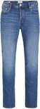Blauwe herenjeans, recht model, met oranje stiksels en knopen.