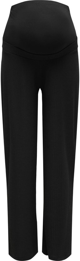Zwarte zwangerschapsbroek met wijde pijpen en een brede, omhoog getrokken tailleband.
