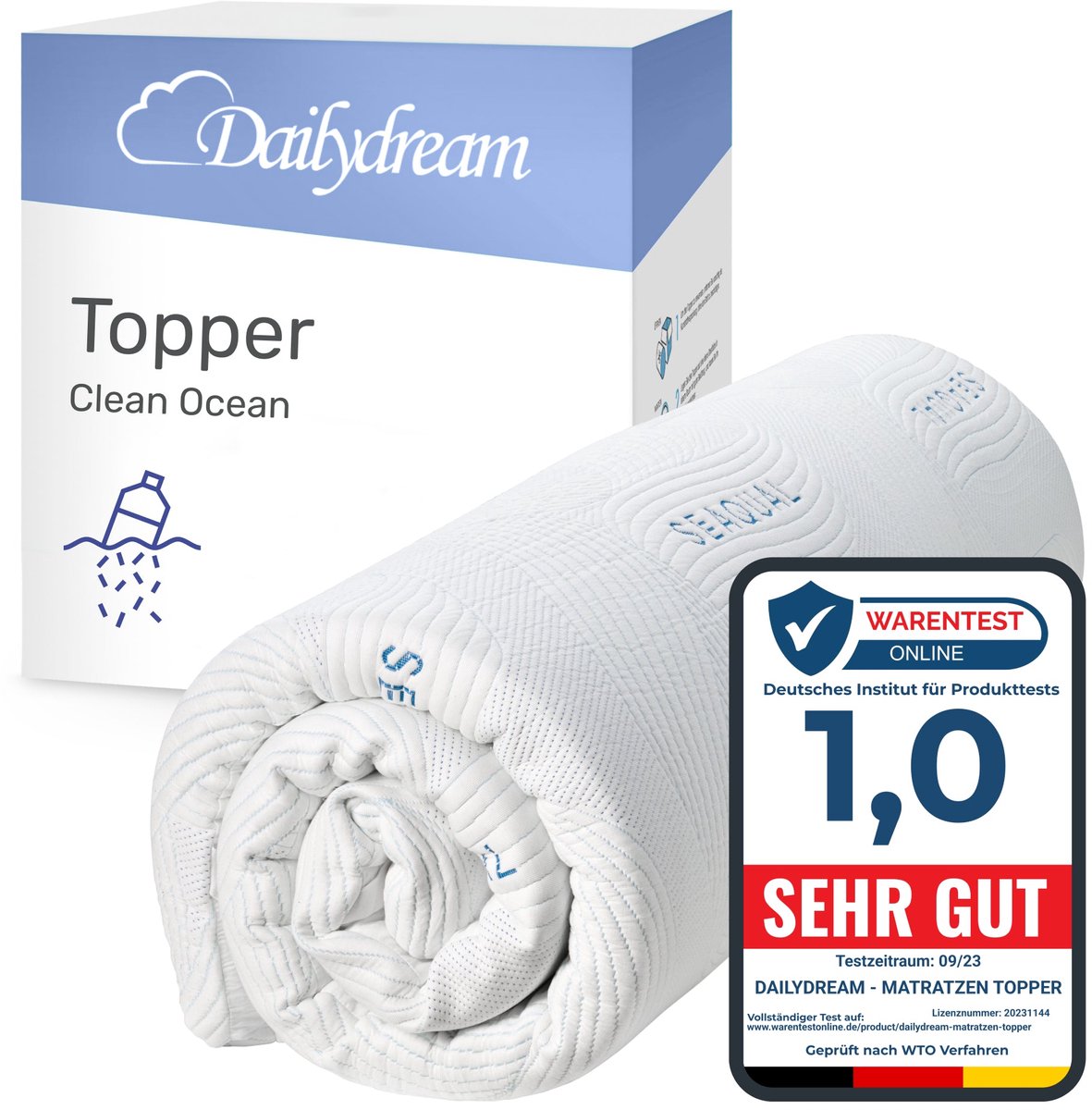 Dailydream Matrastopper 90x200 cm – Traagschuim – Zacht ligcomfort – 5 cm – Clean Ocean M – Topper