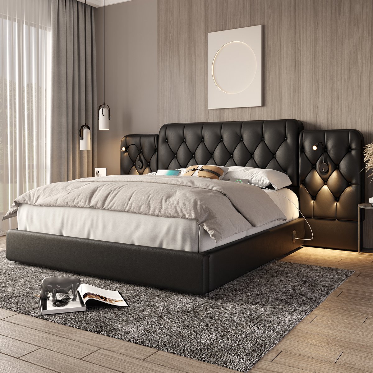 Wishdor Bedframe 160x200 cm - Verlengd hoofdbord met leeslampen & USB - Hydraulische opber