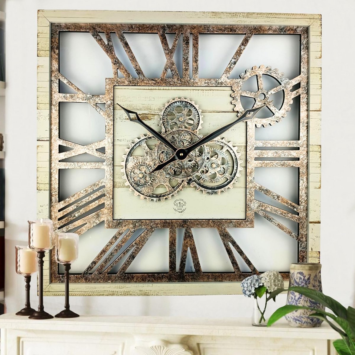 Grote Vierkante Wandklok met Werkende Tandwielen 61cm Rustieke Industriële Stijl