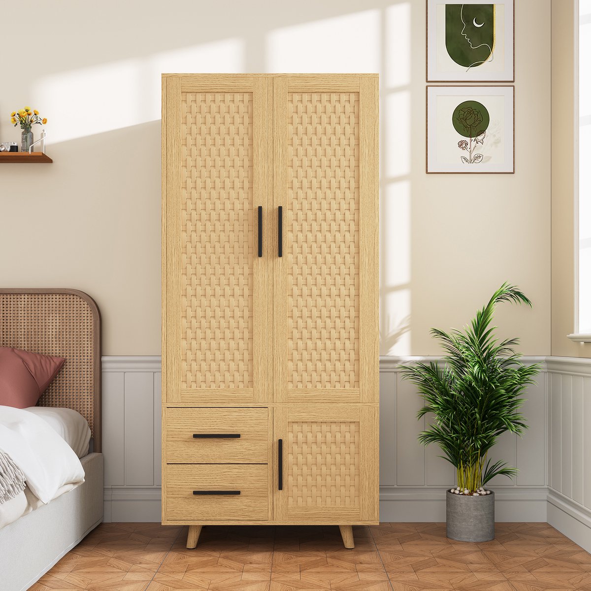 Kledingkast Met Rotan Details – 3 Deuren & 2 Lades, Garderobe Met Kledingroede & Anti-Kantel Beveiliging, Landelijke Stijl, Houtkleur, 80x52x166 cm