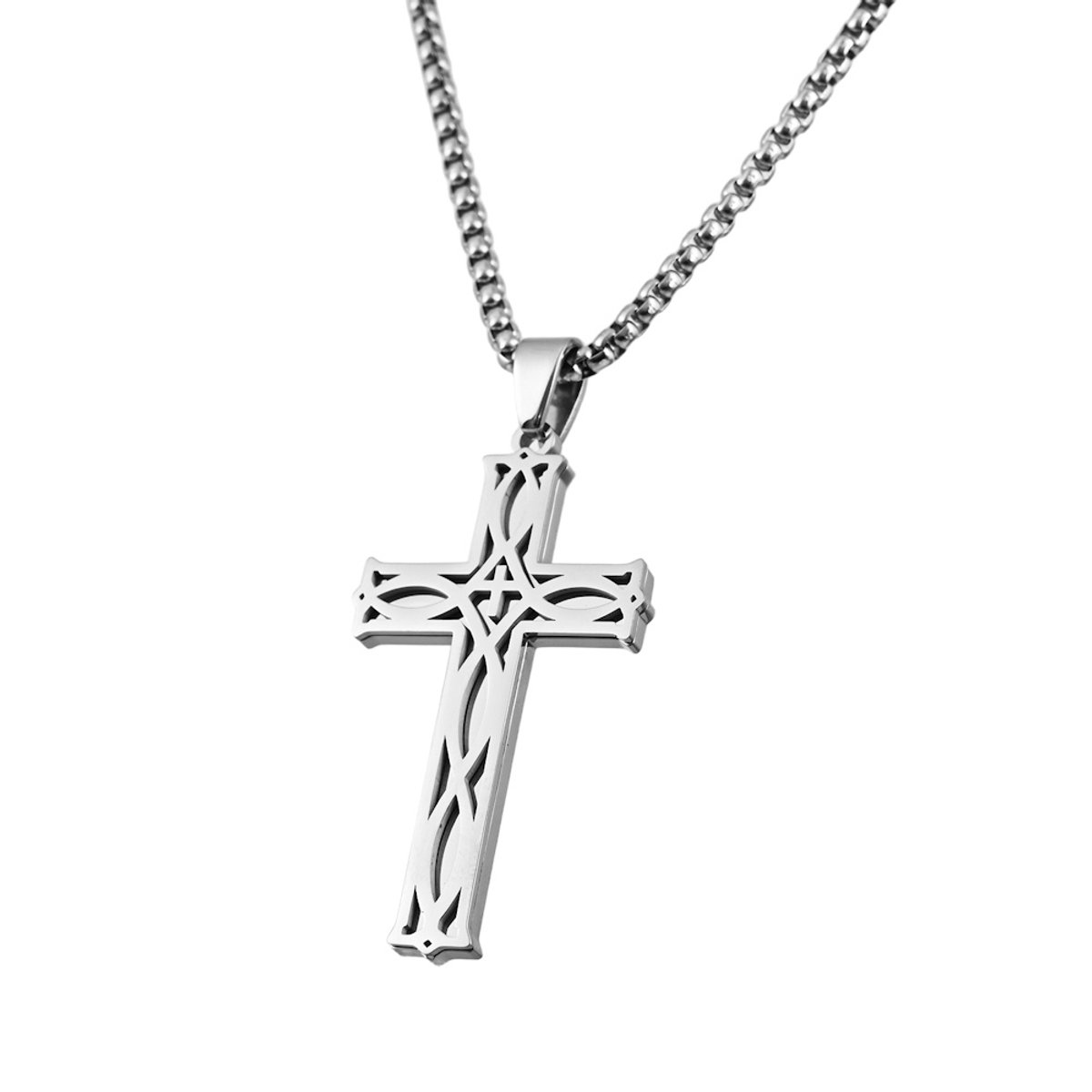 Decopatent - RVS Kruis Ketting met schakel ketting - Zilverkleurige Kruishanger - Christelijke Ketting voor Heren & Dames - 60 Cm - Stijlvolle RVS Halsketting