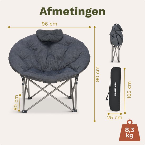 TRVLMORE Campingstoel XL - Opvouwbaar - 150KG Draagvermogen - Incl. Draagtas - Klapstoel - Kampeerstoel - Vouwstoel - Grijs van Merkloos — afbeelding 5