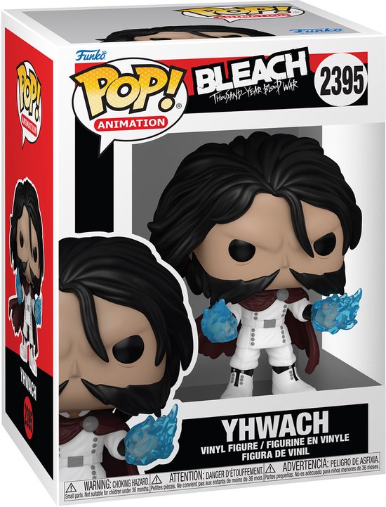 Yhwach Funko Pop! figuur in verpakking. Zwarte haren, bakkebaarden, witte outfit met cape en blauwe energie.