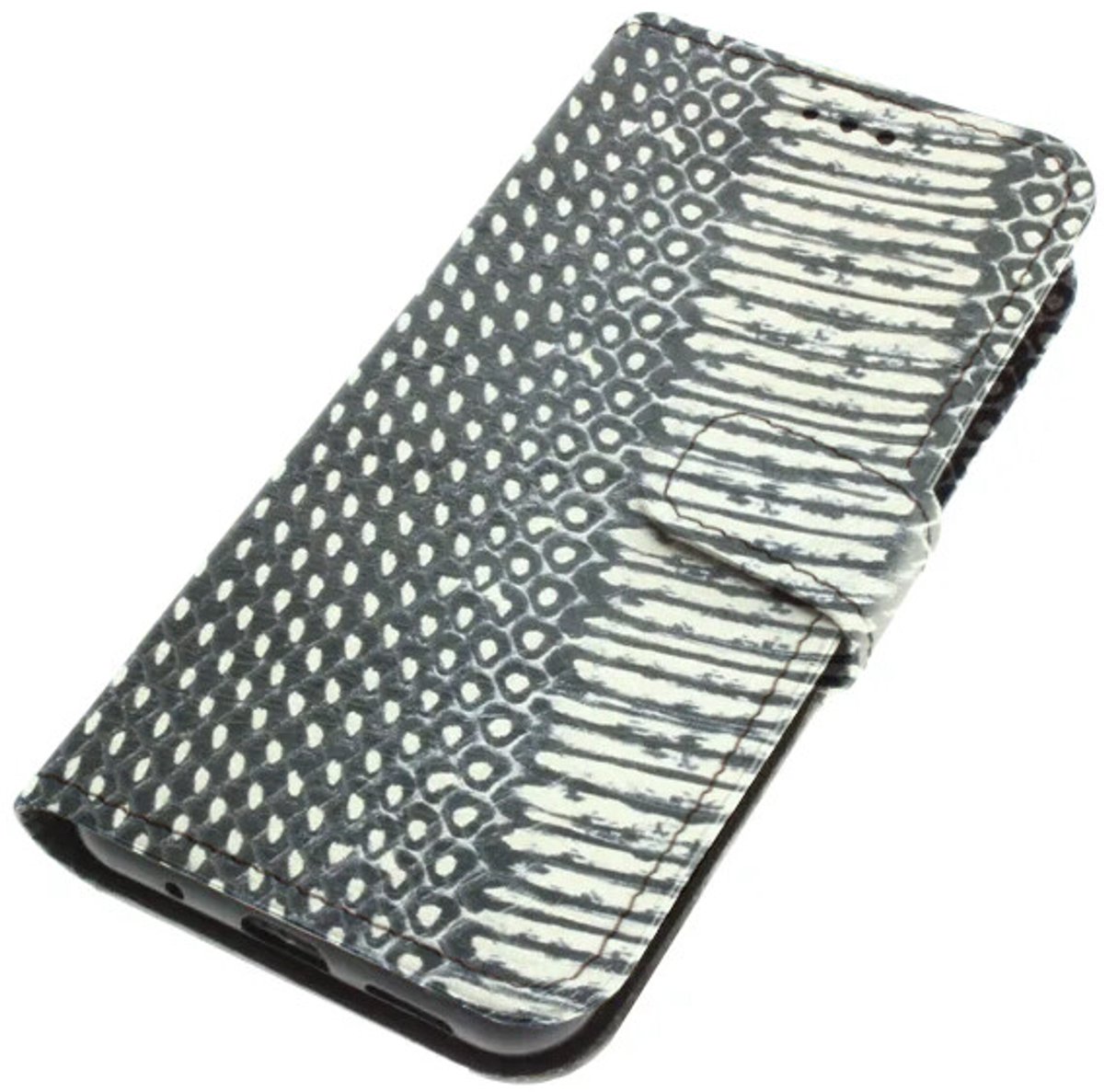 Echt leer hoesje geschikt voor Samsung Galaxy S24 Stevig kalfsleer – zwart/crème grafische print
