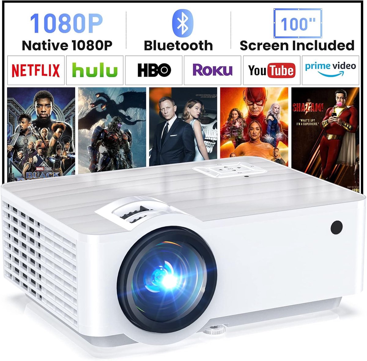 Mini Beamer Full HD met 100 Inch Scherm - 9500 Lumen, Bluetooth 5.1, HDMI/USB