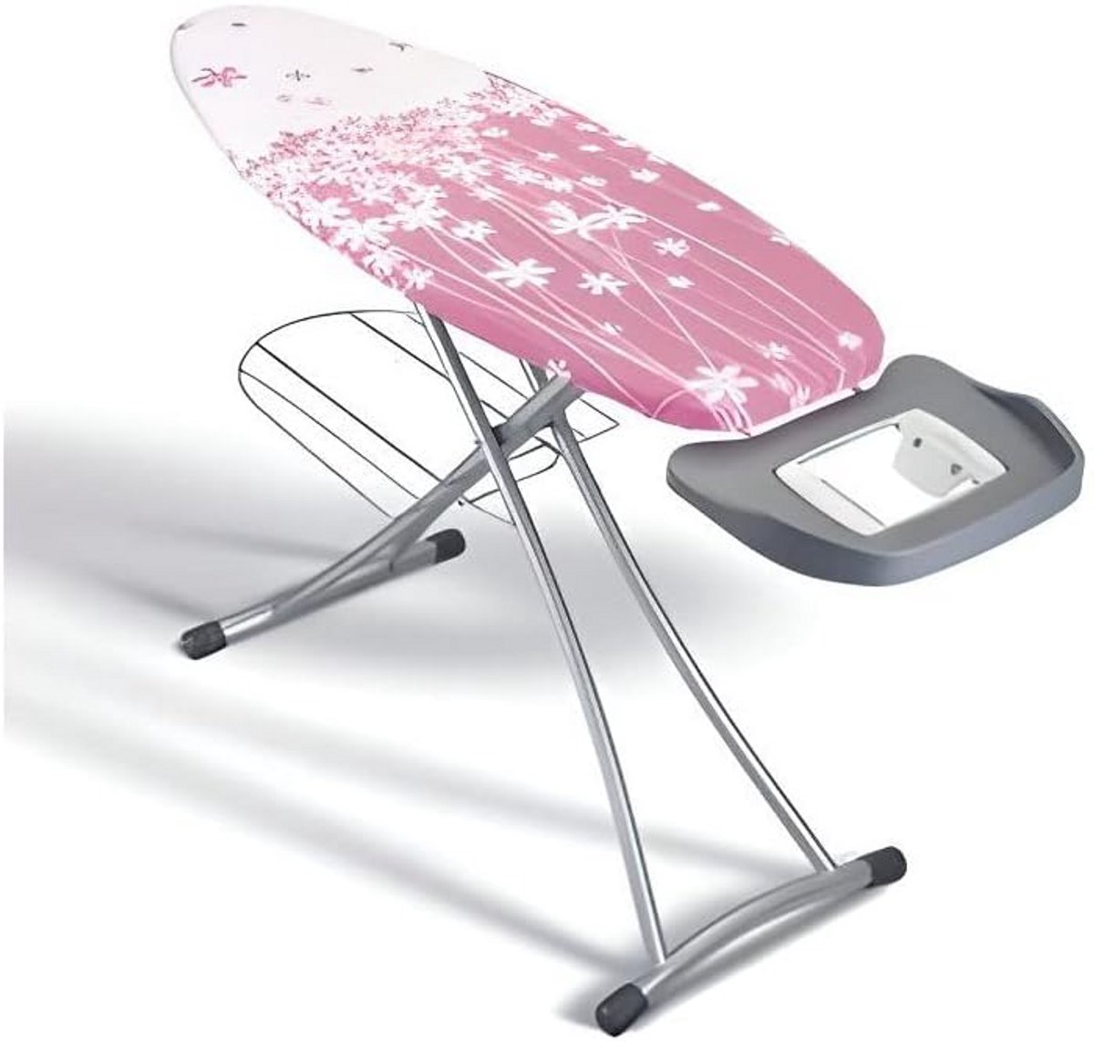 Grote Strijkplank 125 x 45 cm met Wasrek en Strijkijzerhouder - Roze