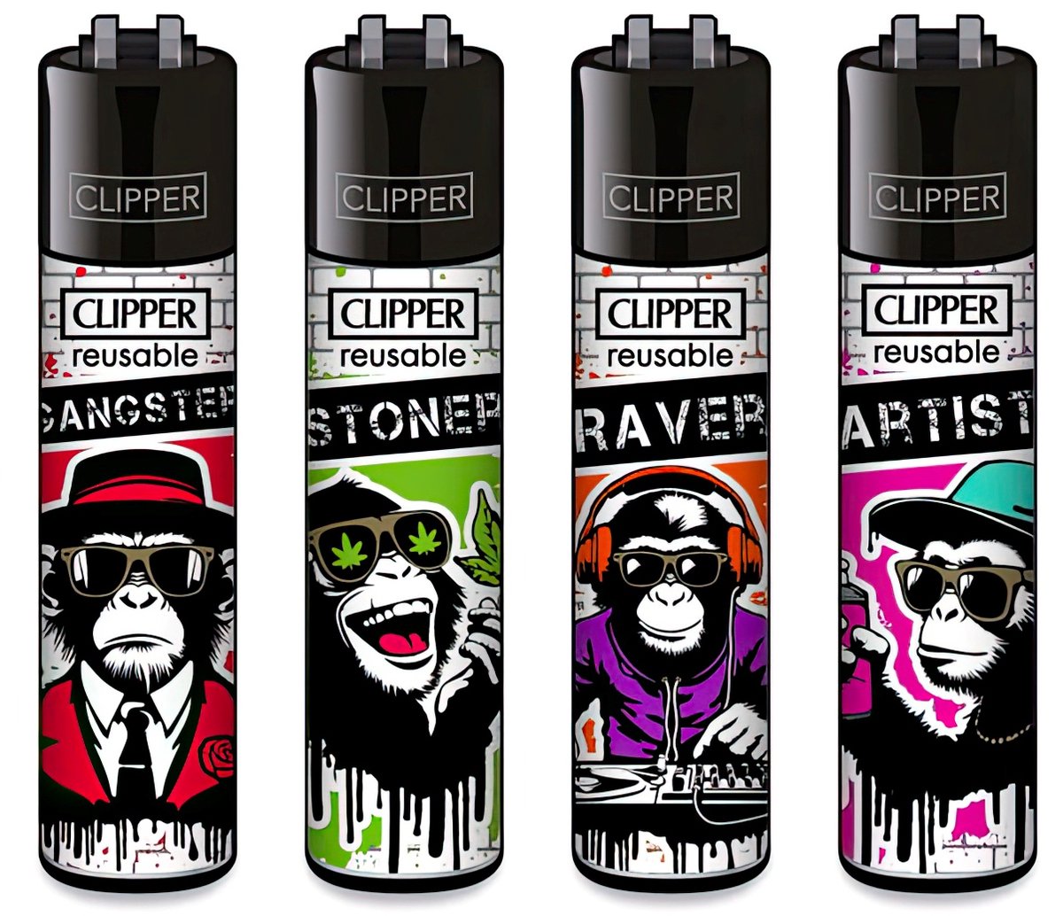 Clipper Classic Large Aanstekers "Urban Chimps" (4 Stuks