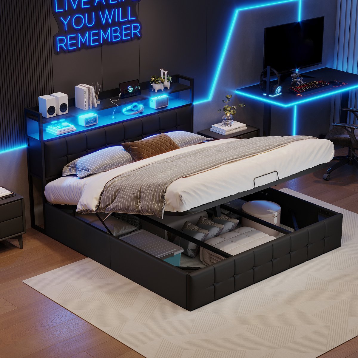 Solvenrik Opbergbed 140x200 met LED & USB – Bed met Hoofdbord en Opbergplanken – Zwart PU