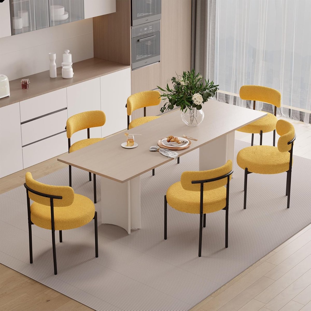 Eetkamerstoelen Set van 6 – 52x55x80 cm Teddy Bouclé Stof – Moderne Mid-Century Keukenstoe