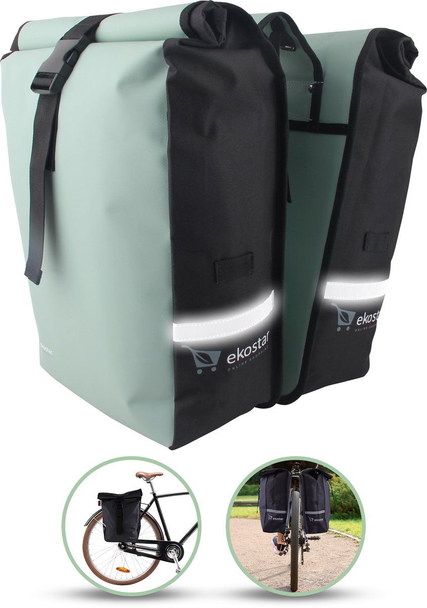 Ekostar® Dubbele Fietstas Roltop 46L - Waterbestendig - Mint/Zwart - Fietstassen Elektrische Fietsen