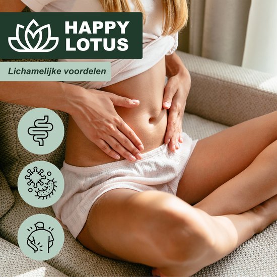 Vrouw met handen op haar buik zittend op een bank. Tekst: HAPPY LOTUS, Lichamelijke voordelen.