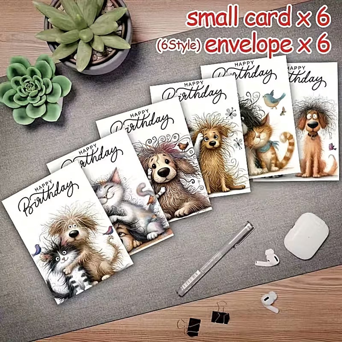 12x Verjaardagskaarten Set met Enveloppen – Grappige Dieren Wenskaarten met Hond & Kat Illustraties – 6 Designs – Blanco Binnenkant – Verjaardag Kaarten voor Familie, Vrienden en Kinderen