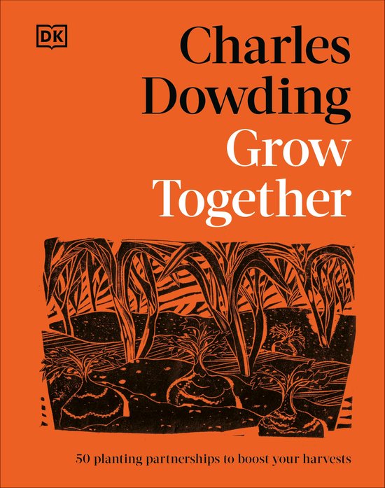 Livre 'Charles Dowding Grow Together' avec couverture orange et illustration en linogravure de légumes-racines.