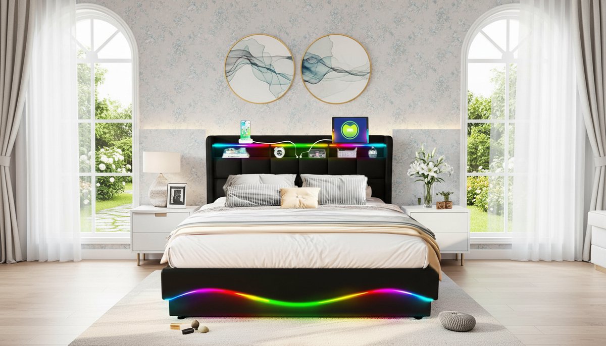 Gestoffeerd Opbergbed 160x200 cm met LED Verlichting, Hoofdeinde Plank, Onderbed Opbergruimte & USB/Type-C Oplaadstation – Luxe Zwart Lederen Bedframe – Casa Velluto Orion Smart Storage Bed