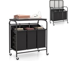 COSTWAY Wasmand met strijkplank, wasverzamelaar met 3 vakken en deksel, wassorteerwagen met wielen, wasbox uittrekbaar voor badkamer, bijkeuken, 80,5 x 41,5 x 87,5 cm