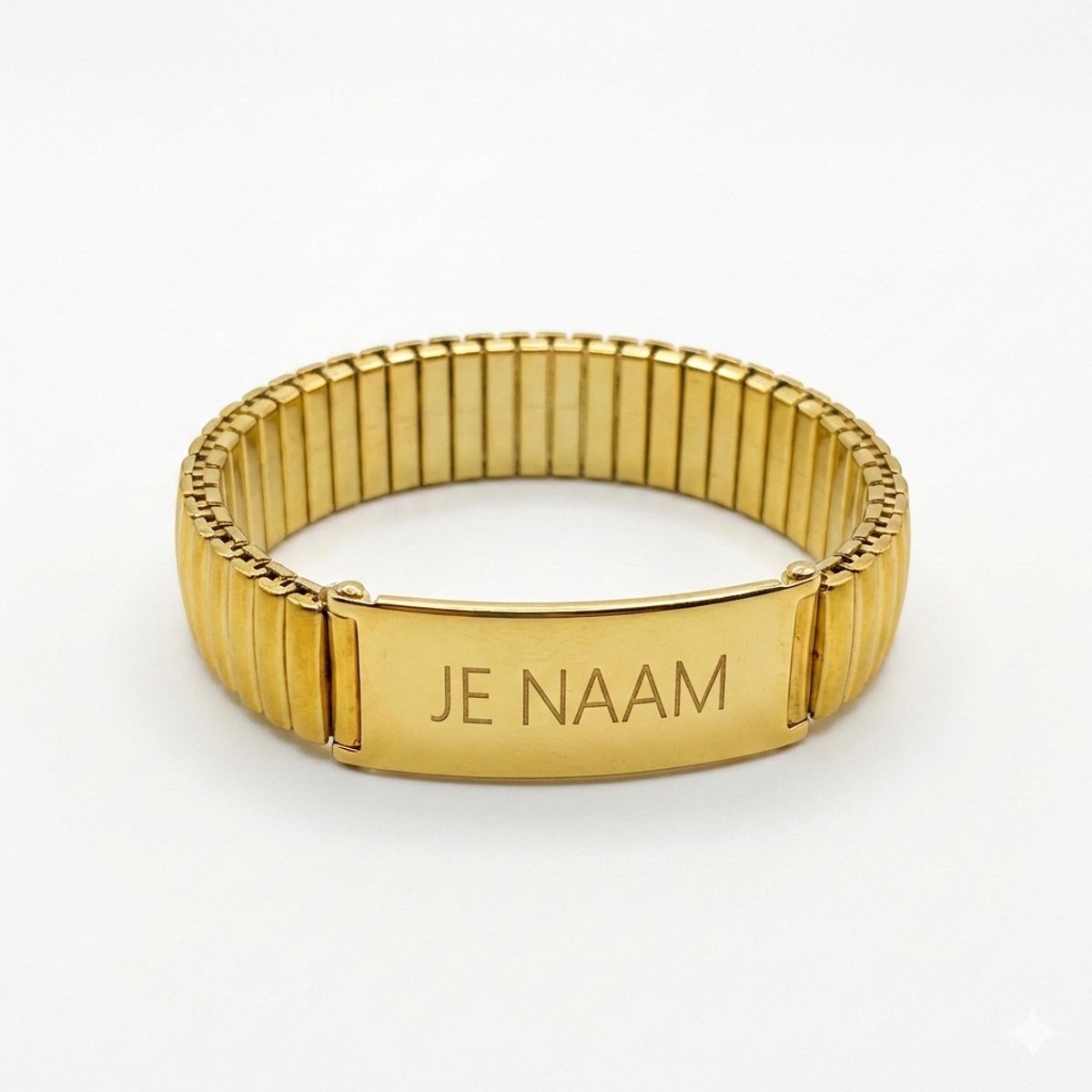 Armband met graveer, Armband met naam, Schakelarmband met gravure goudkleurig - veermechanisme - RVS naamplaat - gepersonaliseerd, Armband met naamplaatje ,graveerarmband
