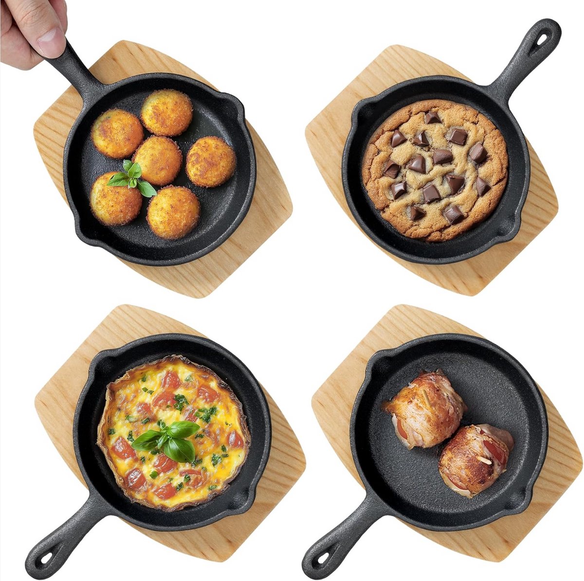 Set van 4 Mini Gietijzeren Koekenpannen met Houten Onderzetters - Ø 15 cm