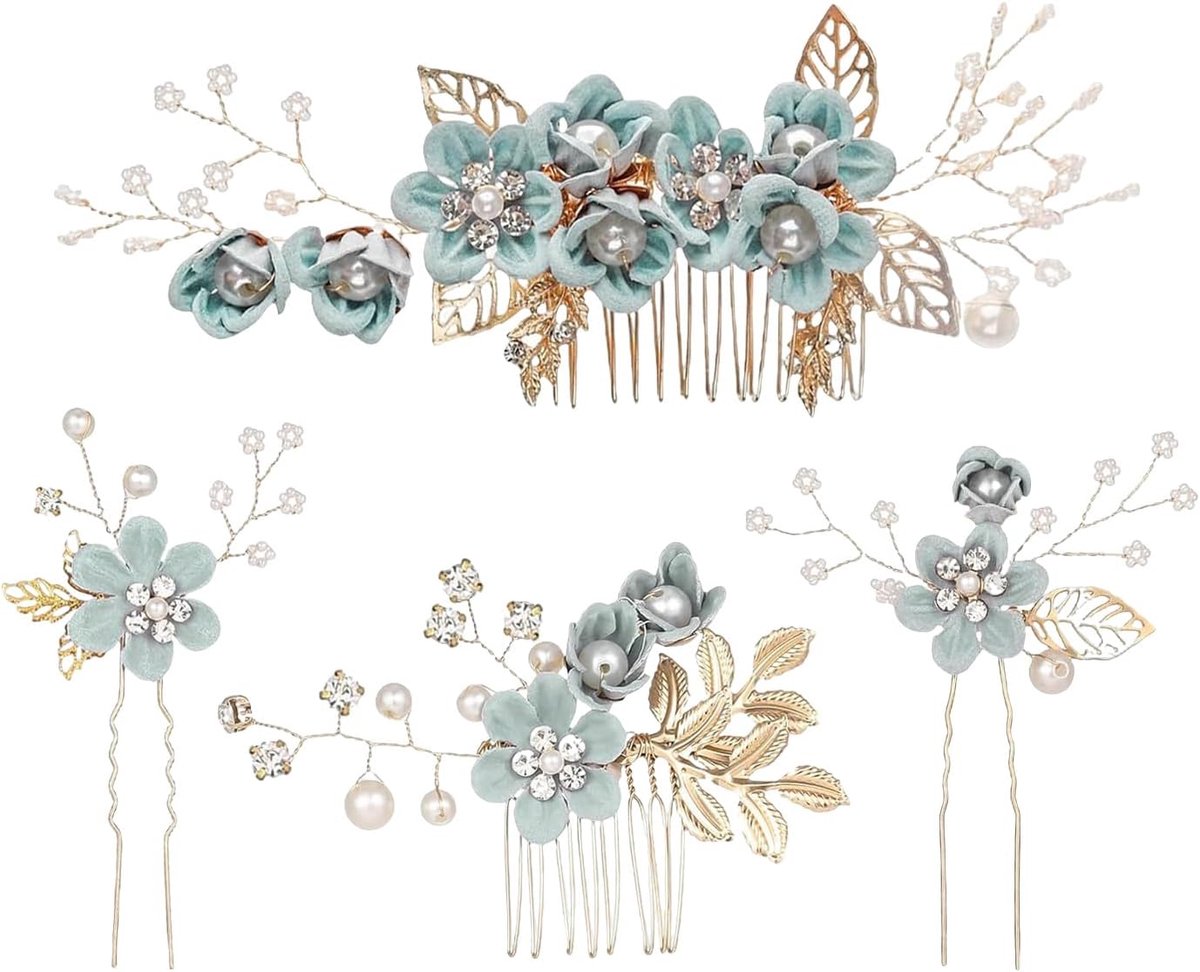 Set van 4 Elegante Haarspelden met Bloemen en Parels voor Bruid en Feest