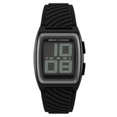 Zwarte Armani Exchange digitale horloge met rubberen band en grijze rand.