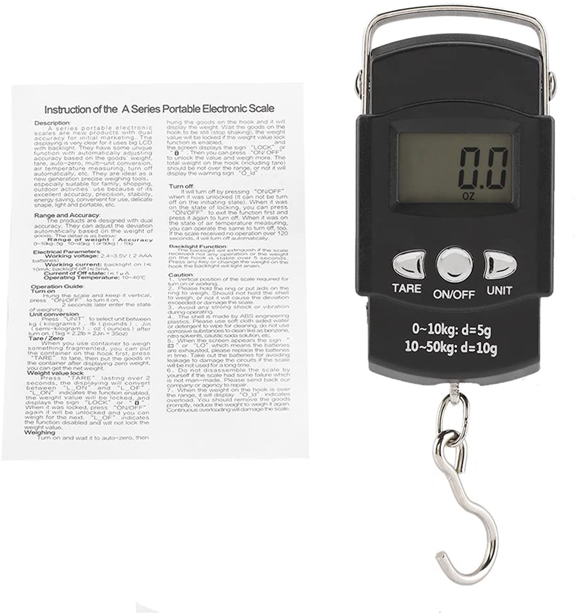 Draagbare Digitale Weegschaal 50kg x 10g Haken & Meetlint - LCD Display