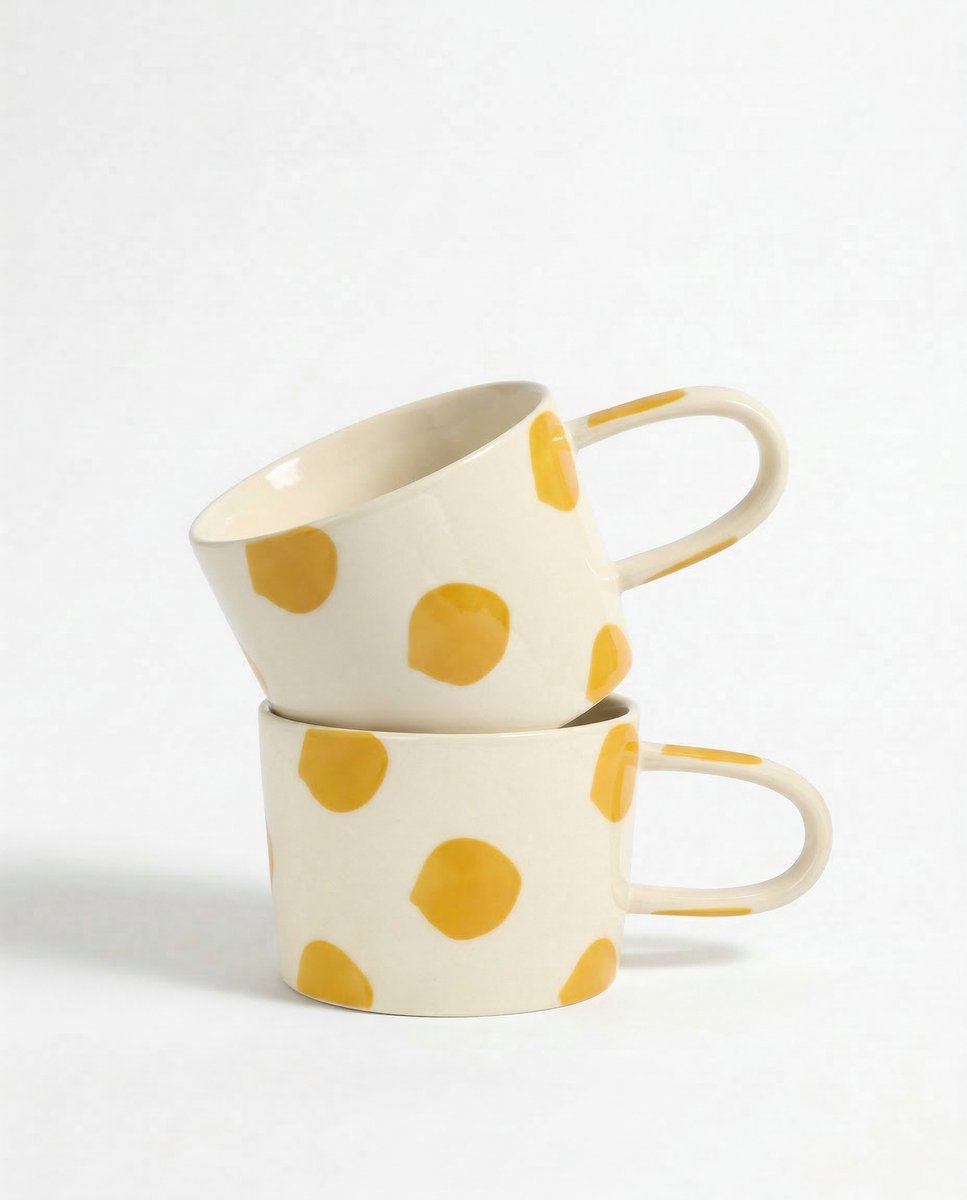 vtwonen - Mokken - Geel - Stippen - Set van 2 - Keramiek - 350ml
