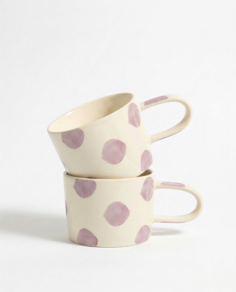 vtwonen - Mokken - Lila - Stippen - Set van 2 - Keramiek - 350ml
