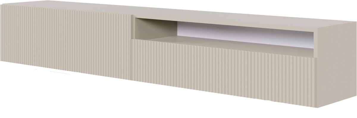Selsey Veldio – Zwevend TV-meubel met gefreesd front en open vak, grijsbeige, 175 cm Grijs beige