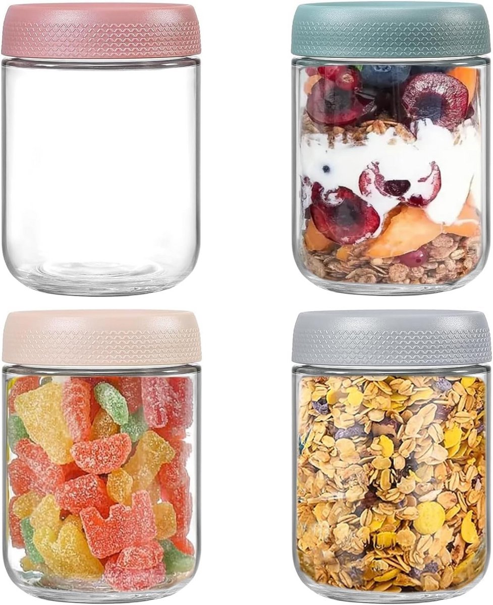 4x Glazen Potten met Deksel voor Overnight Oats, Yoghurt, Salade en Bewaren