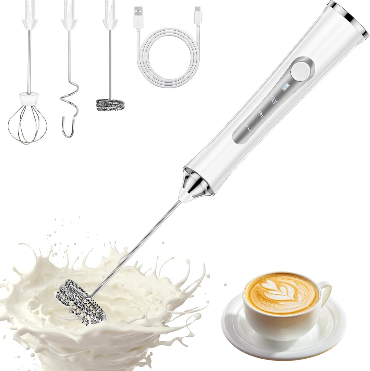 USB-C oplaadbare melkschuimer, 3 snelheidsstanden, elektrische mixer met 3 roestvrijstalen roerkoppen, Geschikt voor koffie/latte/cappuccino/room/cocktail (wit)