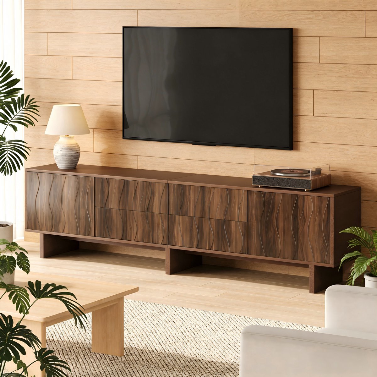 TV-Meubel - 180 x 40 x 56 cm - Lowboard met 4 Laden en 2 Deuren - Golvend Design - MDF - Donker Walnoot