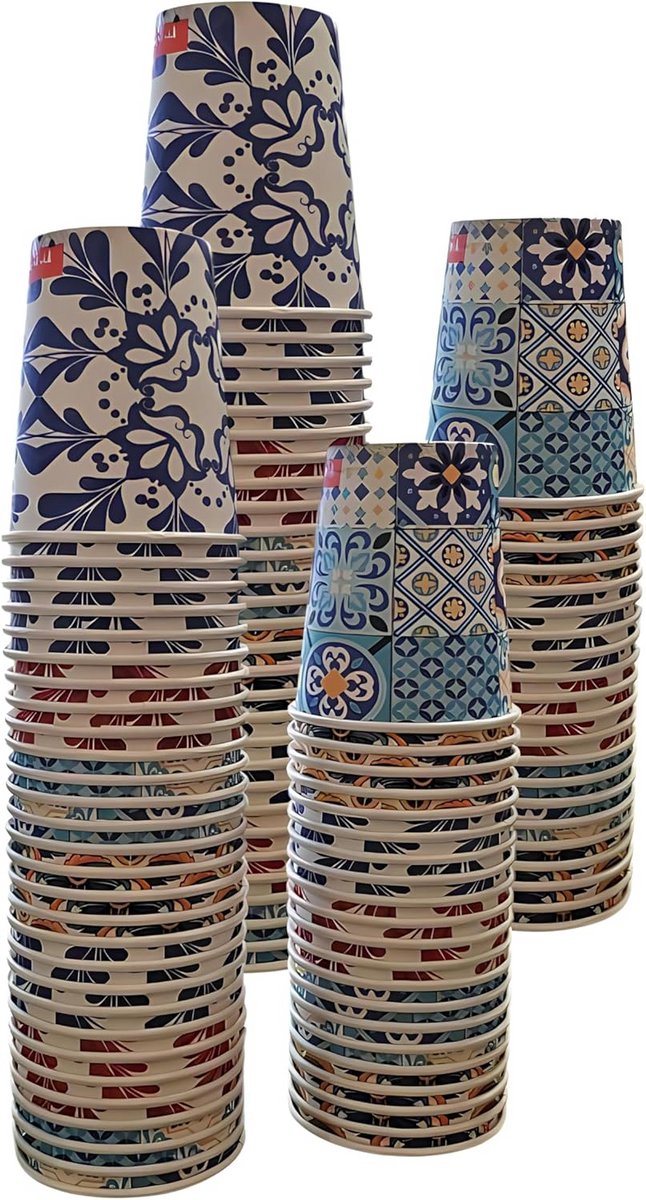 100 Wegwerpbekers 180/210ML - Wit, Blauw, Rood & Roze - Biologisch Afbreekbaar Karton