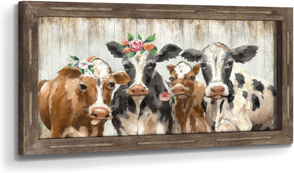 Rustiek houten koe kunst schilderij met bloemenkroon - Ingelijste muurdecoratie voor boerderij thema