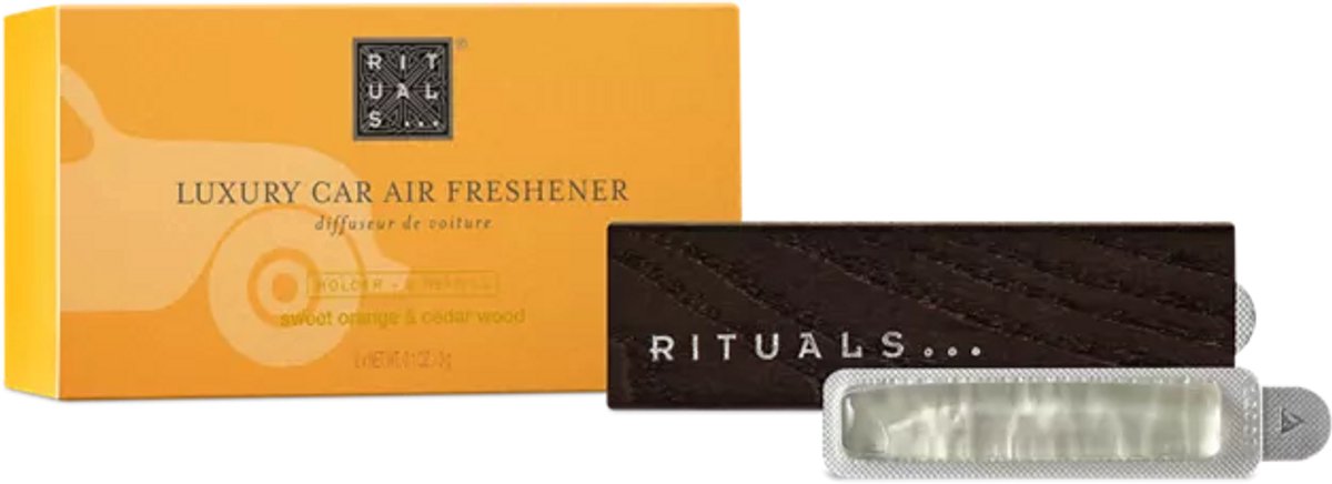 Rituals - Auto Parfum - 2x Auto Luchtverfrisser Refills 3 gram + 1x Houten Houder voor Luchtverfrisser - Ritual of Mehr - Autoparfum - Car Perfume - Refill - Navulling