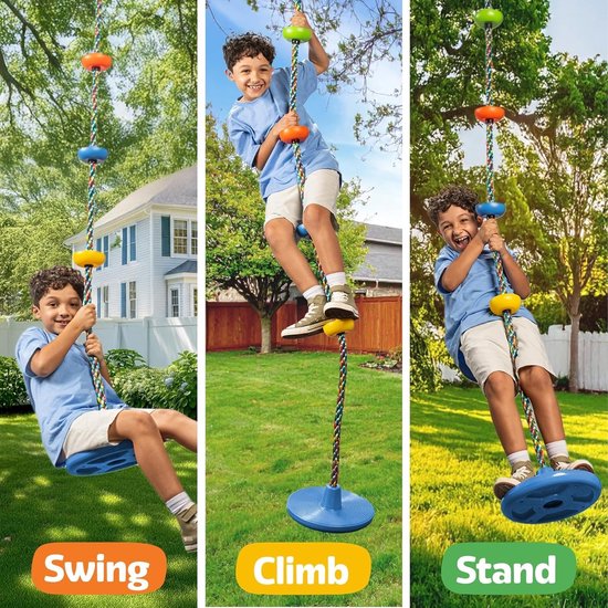Enkelvoudige klimkoord- en schommelcombinatie voor buiten – inclusief klimhaak en boomriem – kinderschommel voor in de boom, speeltoestelaccessoires – kleurrijk touw — afbeelding 4
