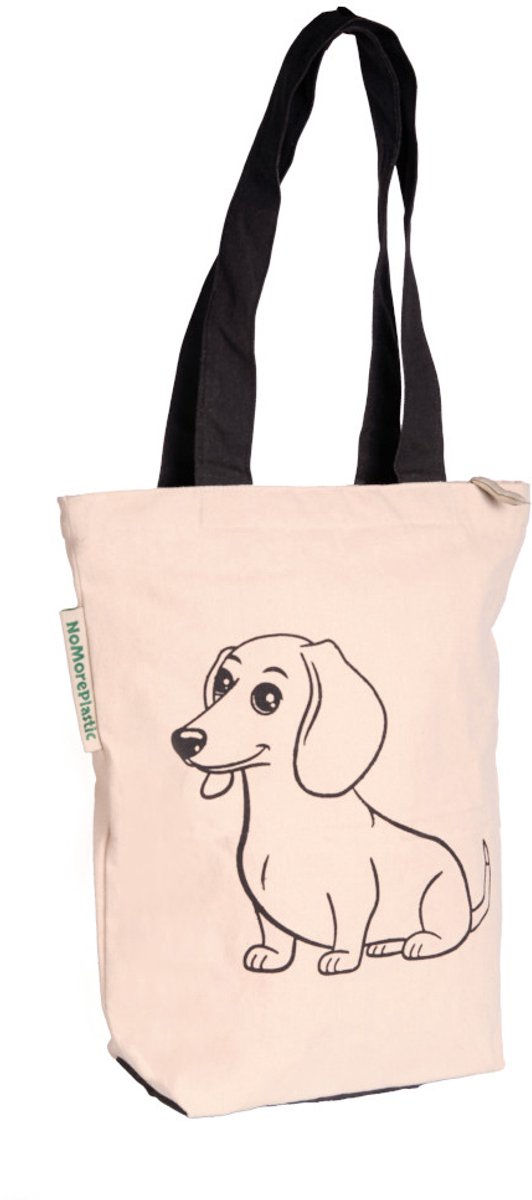 Tote bag Teckel - Tas van Gerecycled Katoen – met Binnenvak en Rits, Sleutelring - Duurzaam - Nieuwe collectie 2026