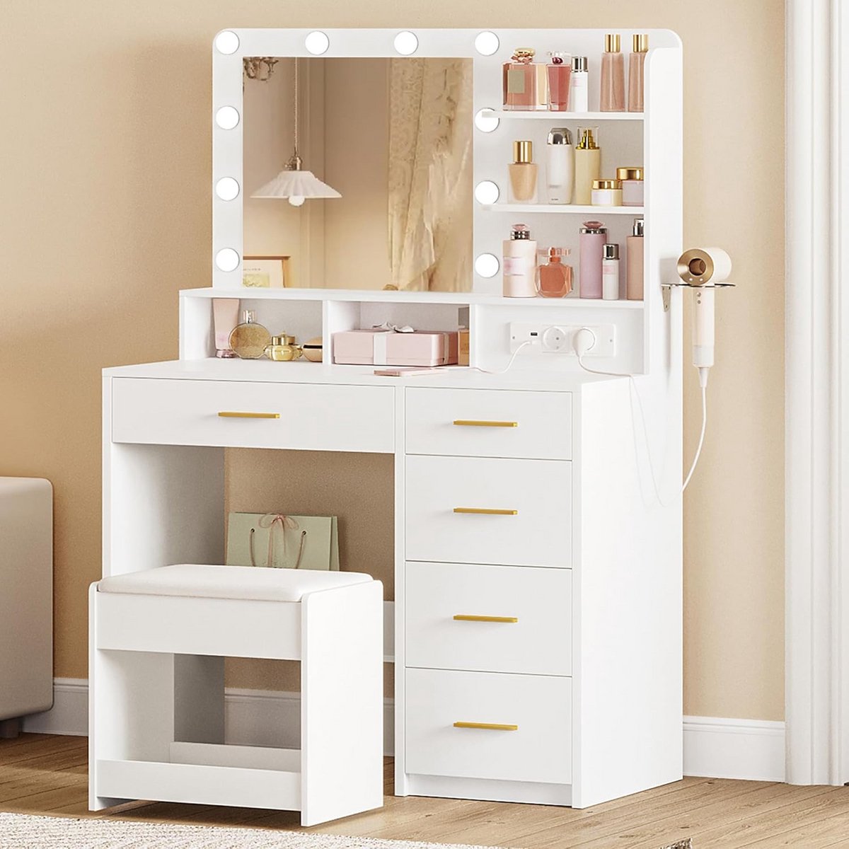 Kaptafel met Spiegel en Verlichting - Make up Tafel - Cosmeticatafel - Beautymeubel