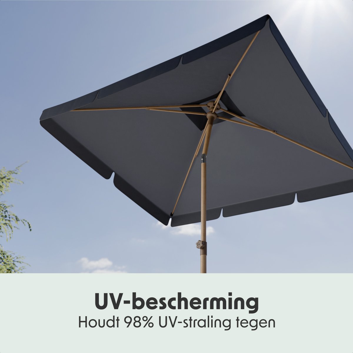 LifeGoods Parasol - Tuin - Balkonparasol - 200x125cm - 30° Kantelbaar - Waterdicht - UPF50+ - Houtkleurige coating - Donkergrijs thumbnail 6