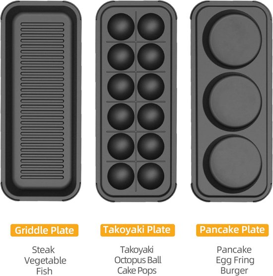 Elektrische Gegrillde Pan met 3 Verwisselbare Platen voor Takoyaki, Pannenkoekjes en Steak — afbeelding 4
