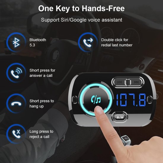 Bluetooth FM Transmitter, Bluetooth 5.0 Car Radio Transmitter, PD3.0 30W Type C & QC3.0, Bluetooth Car Music Player Adapter Hands-Free Calls, Support TF/Siri/Google — afbeelding 3