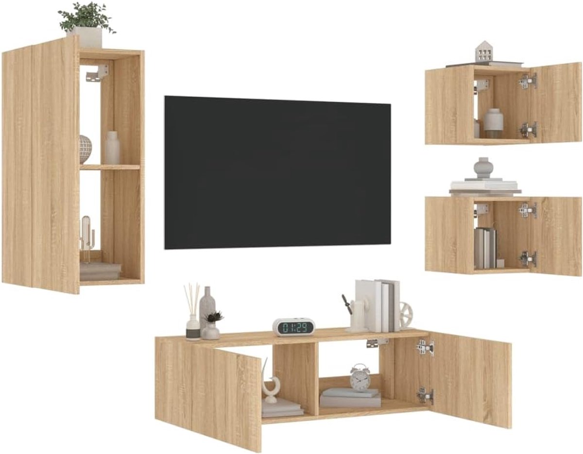 Set van 4 Wandmeubels TV-Meubel met RGB LED Verlichting - Sonoma Eiken TV Kast