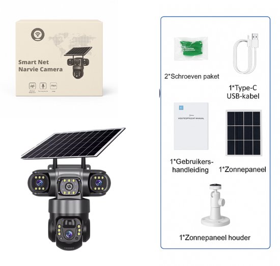 Narvie 3 Lens Solar Beveiligingscamera Wifi - 6MP - PTZ Draaibaar - Nachtzicht - PIR & Radar Detectie - V380 Pro - IP66 van Merkloos — afbeelding 2