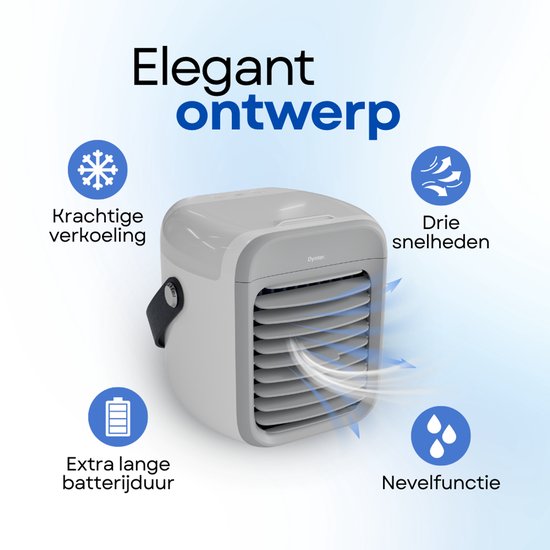 Wit en grijs mobiel airco-apparaat met 4 iconen die krachtige koeling, 3 snelheden, lange batterijduur en nevel functie aangeven.