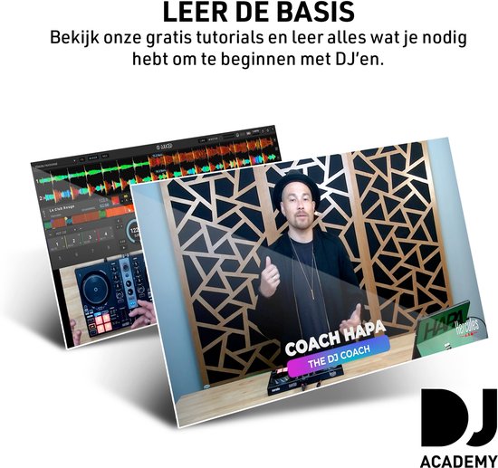 Schermen met DJ-software en een man die lesgeeft. Tekst: "LEER DE BASIS".