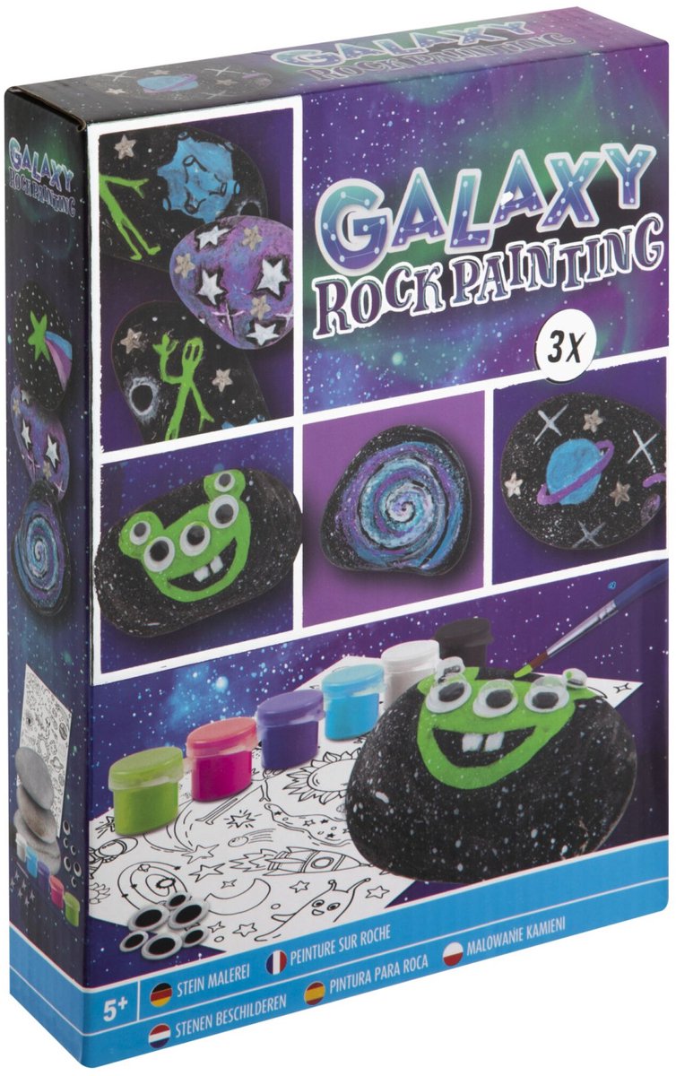 Grafix Galaxy Rock Painting - Set voor Happy Stones met 3 stenen, 5 kleuren verf, zilveren sterren en stickervel - Creatief speelgoed voor kinderen vanaf 5 jaar - Inclusief kwast — afbeelding 12