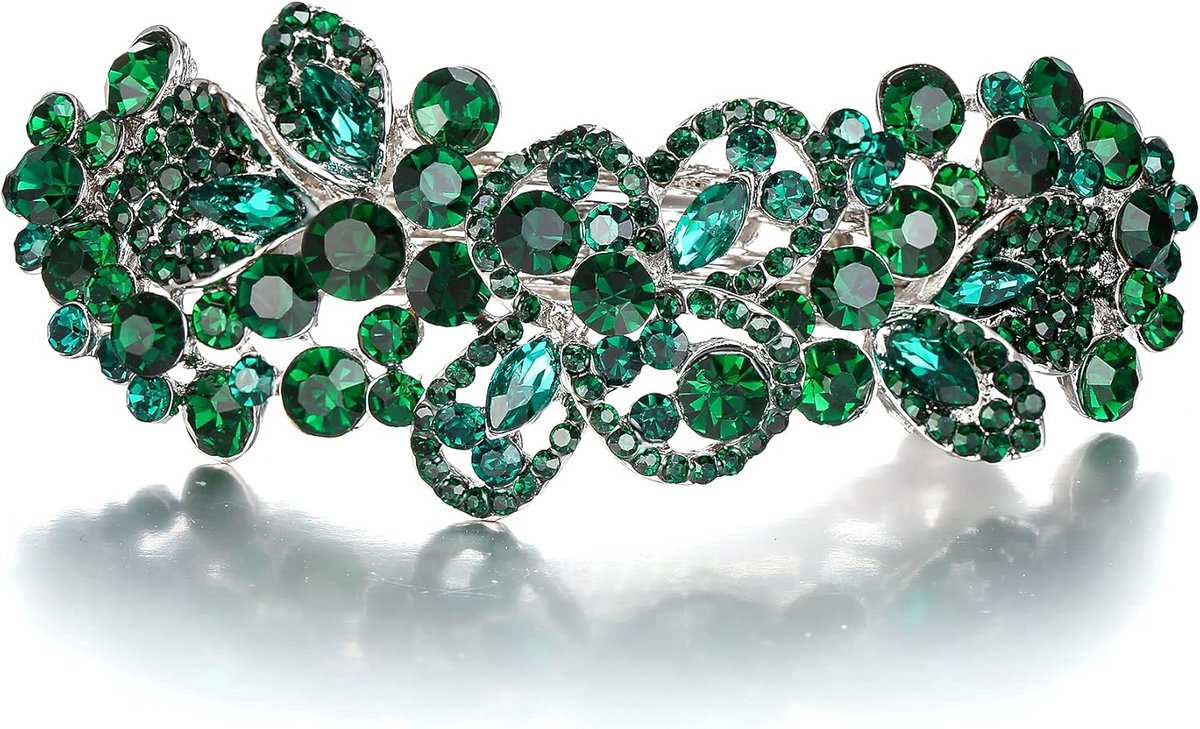 Art Deco Haarspeld met Groene Kristallen en Bladmotief - Zilvertint Accessoire voor Dames Bruiloft