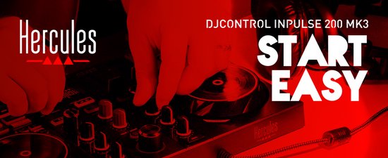 DJControl Inpulse 200 MK3 met Hercules logo. Handen bedienen de knoppen op de controller.